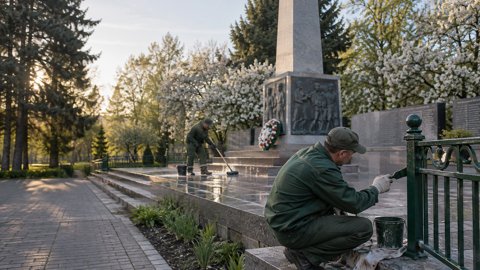 Мемориал Великой Отечественной войны с обелиском и Вечным огнём весной, у подножия свежие цветы